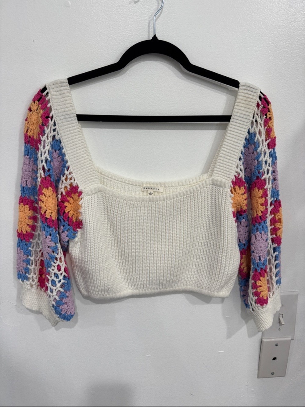 Crochet Sleeve Square Neck Crop Top - Cream with Pink & Blue Accents